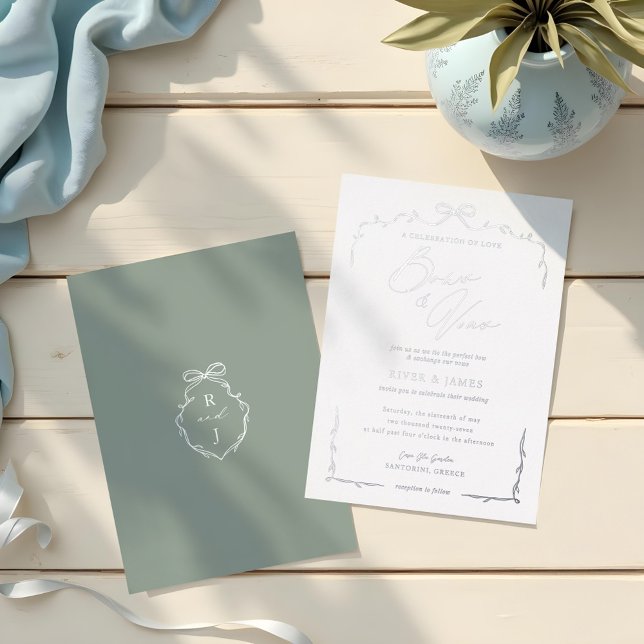 Elegant Green Hand Drawn Bow & Ribbon Wedding (Elegant Blue Hand Drawn Bow & Ribbon Wedding Foil Invitation)