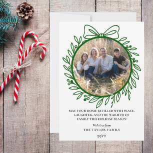 Elegant Green Hand Drawn Bow Wreath Christmas Holiday Card