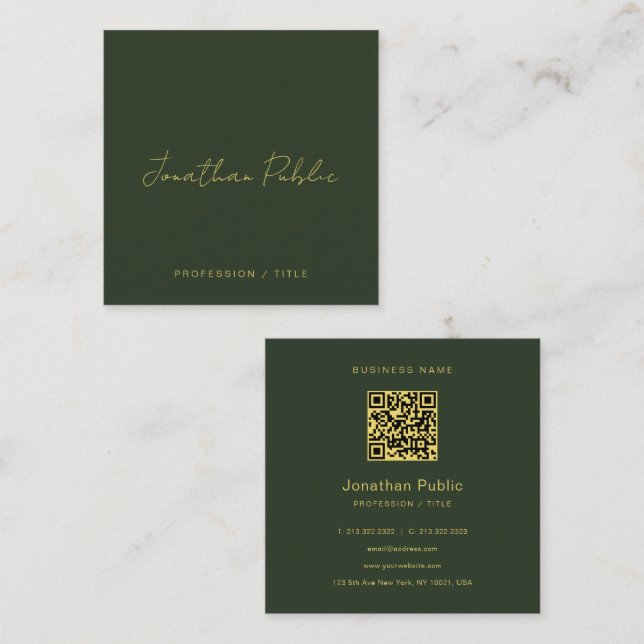 Elegant Green Handwritten Script Gold Text QR Code Square Business Card (Front/Back)