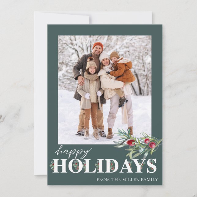 Elegant Green Happy Holidays Holiday Photo Card (Front)