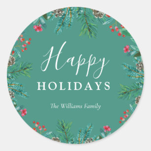 Elegant Green Happy Holidays Wreath Family Name Classic Round Sticker