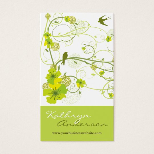 Elegant Green Hibiscus Floral Swirl Swallows Birds Business Card