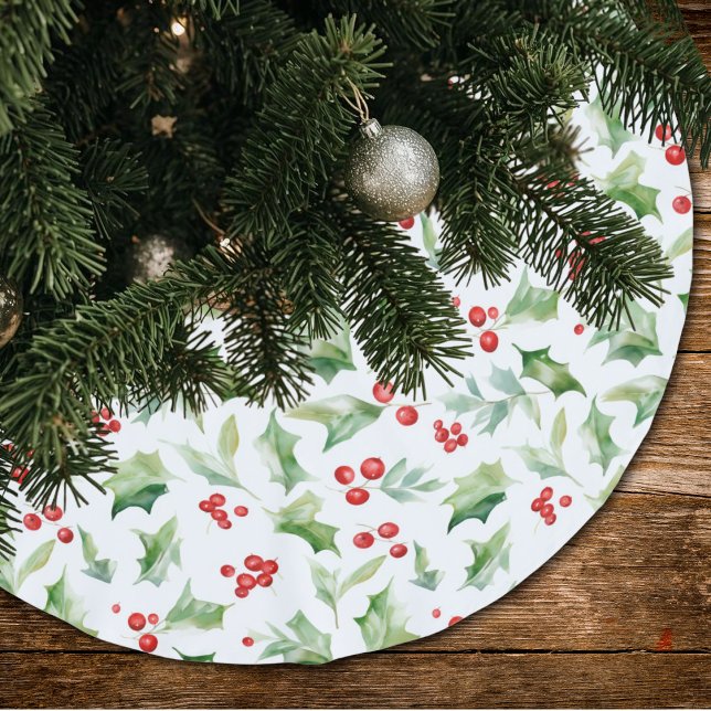 Elegant Green Holly Leaves Red Berries  Brushed Polyester Tree Skirt (Creator Uploaded)