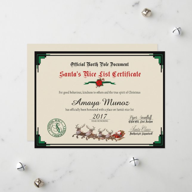 Elegant Green & Ivory Santa's Nice List Holiday Card (Front/Back In Situ)