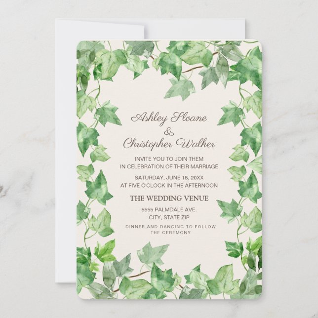 Elegant Green Ivy Leaves Cream Wedding Invitation (Front)