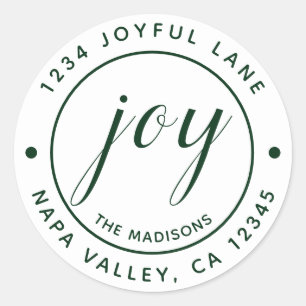 Elegant Green Joy Round Return Address Classic Round Sticker