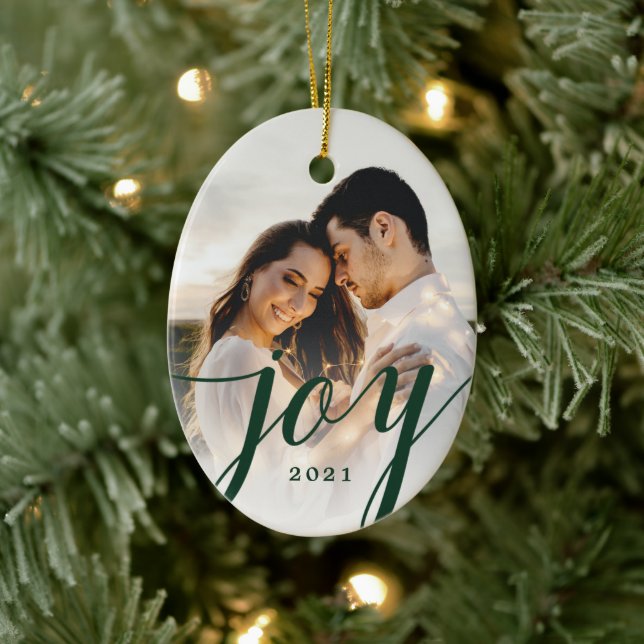 Elegant Green Joy Script Photo Christmas  Ceramic Ornament (Tree)