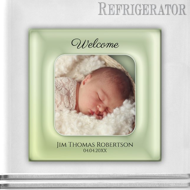 Elegant Green Keepsake Baby Custom Photo Magnet (Elegant photo magnet featuring your own baby photo framed by a dreamy chic green design.)