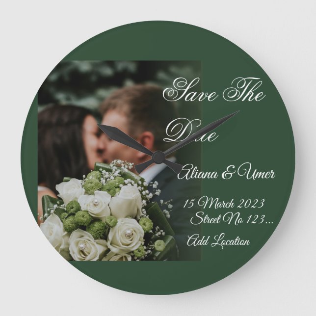 Elegant Green kiss Save the Date Large Clock (Front)