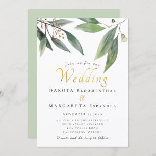 Elegant green leaf gold script gum blossom wedding invitation