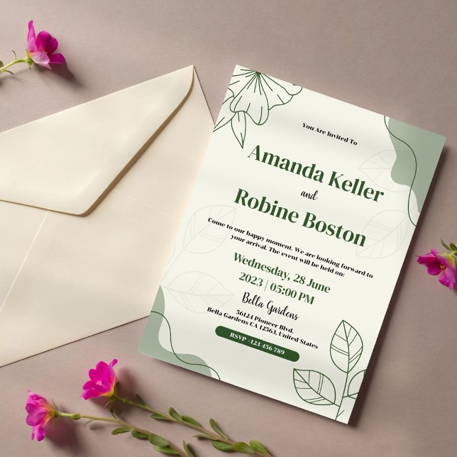 Elegant Green Leaf Minimalist Wedding Invitation (Creator Uploaded)