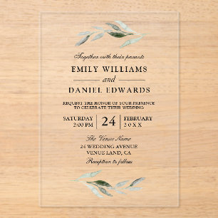 Elegant Green Leaf Wedding Acrylic Invitations