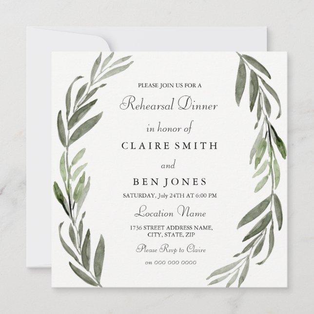 Elegant Green Leaf Wedding Rehearsal Dinner Invite (Front)