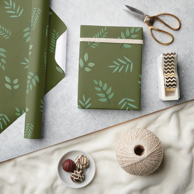 Elegant Green Leaf Wrapping Paper on Army Green (Crafts)