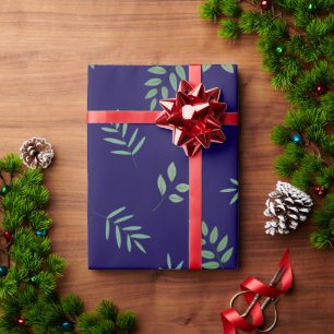 Elegant Green Leaf Wrapping Paper on Dark Blue