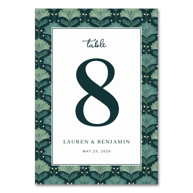Elegant Green Leafy Botanical Table Number (Front)