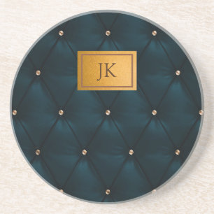 Elegant Green Leather,Diamonds,Monogram Coaster