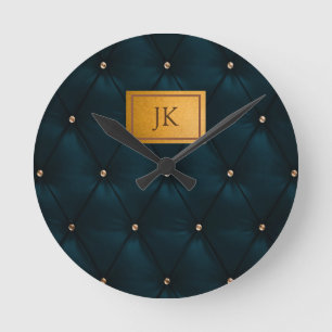 Elegant Green Leather,Diamonds,Monogram Round Clock