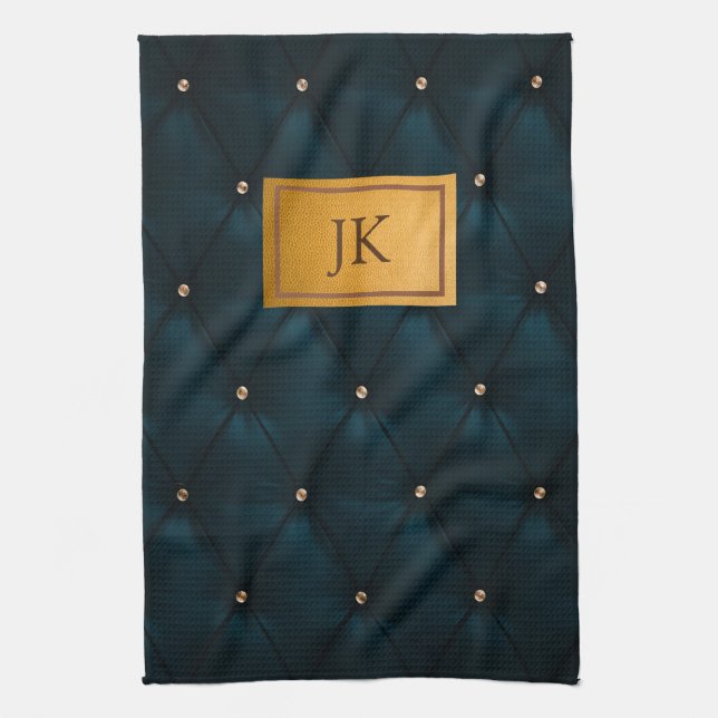 Elegant Green Leather,Diamonds,Monogram Tea Towel (Vertical)