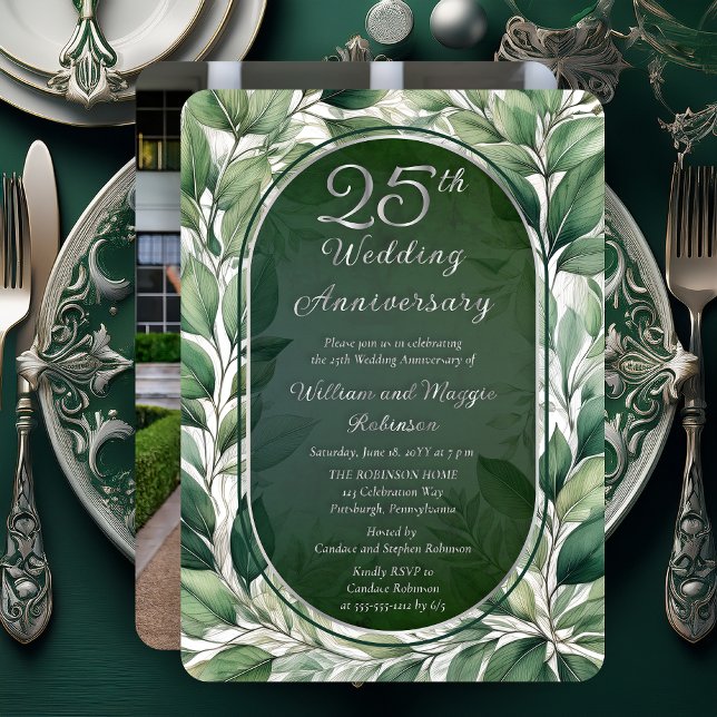 Elegant Green Leaves 25th Wedding Anniversary (Elegant Green Leaves Foliage Frame Luxury 25th Wedding Anniversary Foil Photo Invitation)