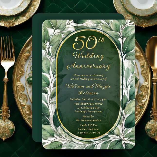 Elegant Green Leaves 50th Wedding Anniversary (Elegant Green Leaves Foliage Frame Luxury 50th Wedding Anniversary Foil Invitation)