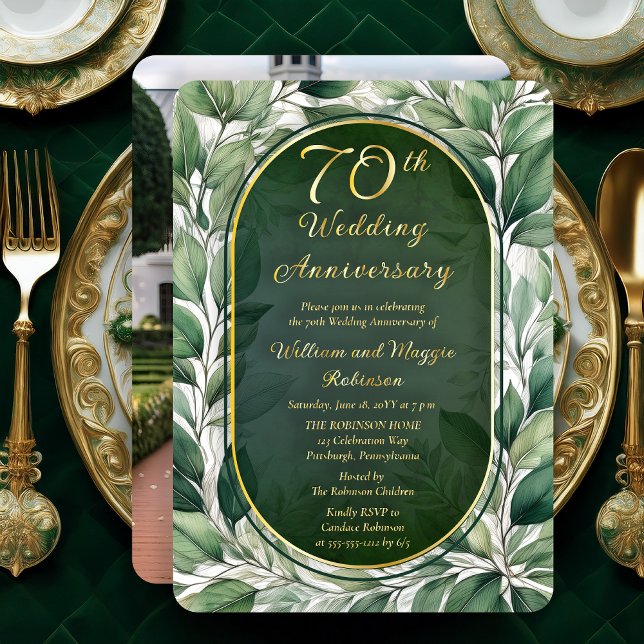 Elegant Green Leaves 70th Wedding Anniversary (Elegant Green Leaves Foliage Frame Luxury 70th Wedding Anniversary Foil Invitation with Back Photo)