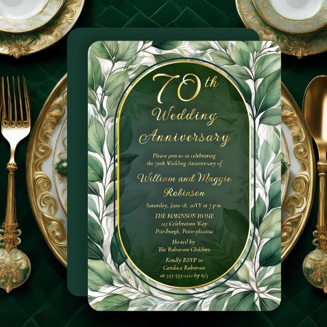 Elegant Green Leaves 70th Wedding Anniversary (Elegant Green Leaves Foliage Frame Luxury 70th Wedding Anniversary Foil Invitation)