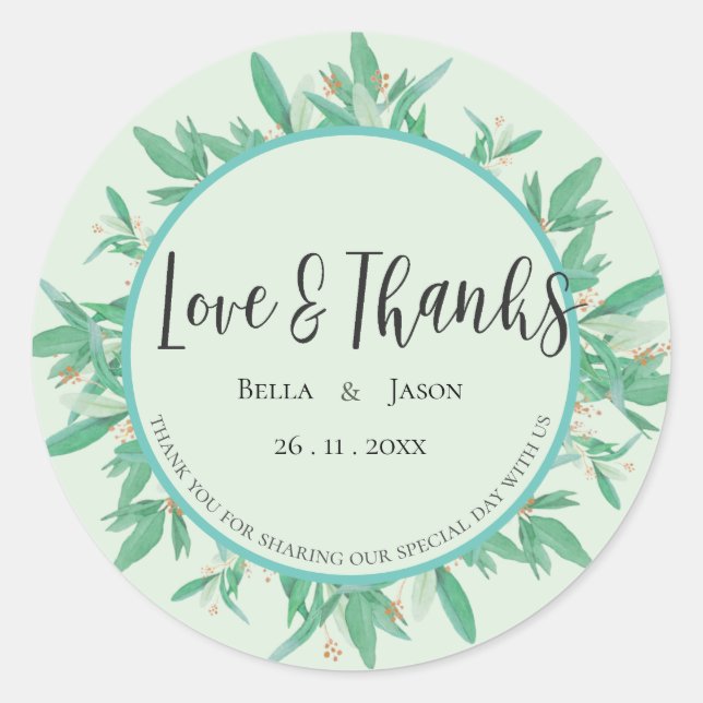 Elegant Green Leaves Greenery Wedding Thank You Classic Round Sticker (Front)