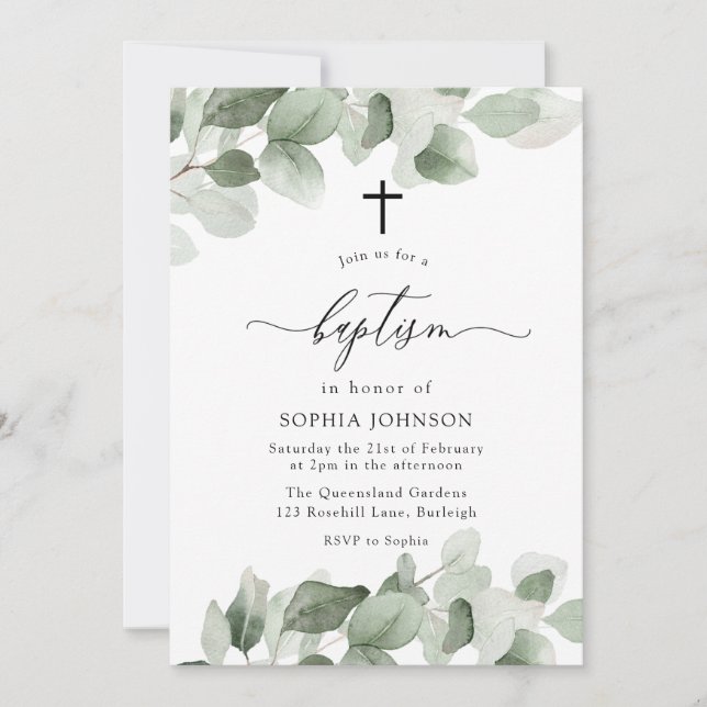 Elegant Green Leaves Modern Girl or Boy Baptism Invitation (Front)