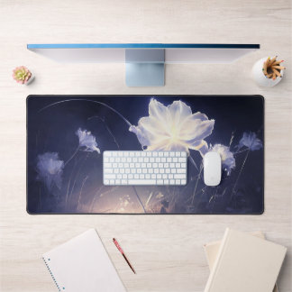 Elegant Green Leaves on Soft Beige Background Desk Mat