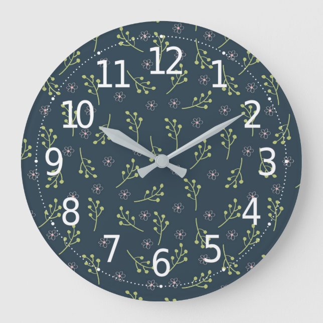 Elegant Green Leaves Pink Floral Ditsy Pattern | Large Clock (Front)