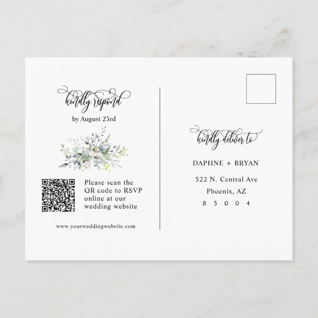 Elegant Green Leaves QR Code Return Address RSVP Postcard (Back)