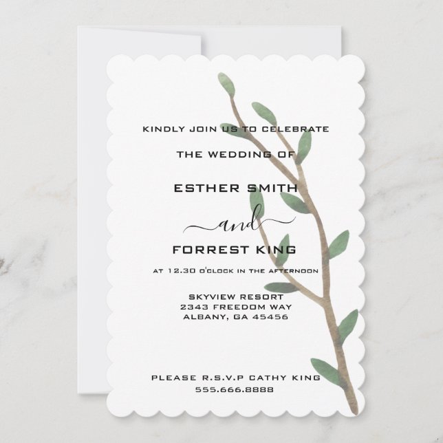 Elegant Green Leaves Shoots Minimalist Wedding Invitation (Front)