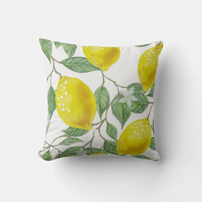 Elegant Green Leaves & Yellow Lemons Throw Pillow (Front)