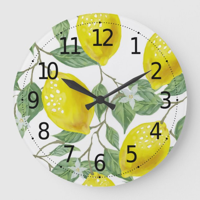 Elegant Green Leaves & Yellow Lemons | Wall Clock (Front)