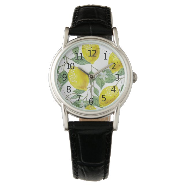 Elegant Green Leaves & Yellow Lemons Women's Watch (Front)