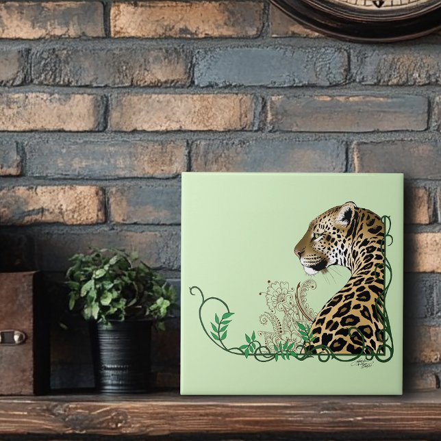 Elegant Green Leopard Botanical Henna Ceramic Tile (Creator Uploaded)