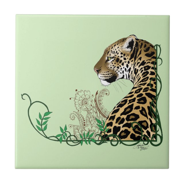 Elegant Green Leopard Botanical Henna Ceramic Tile (Front)