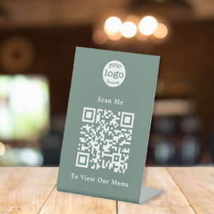 Elegant Green Logo QR Code Contactless Restaurant Pedestal Sign