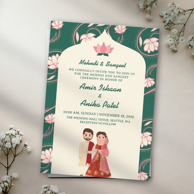 Elegant Green Lotus Lanterns Mehndi Sangeet Indian Invitation (Creator Uploaded)