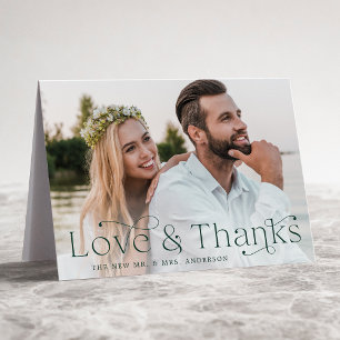 Elegant Green Love and Thanks Wedding Photo Thank You Card