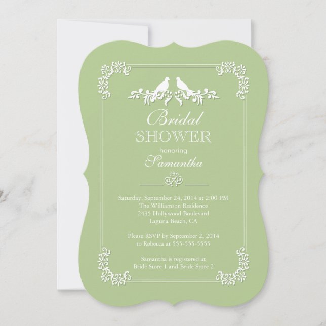 Elegant Green Love Birds Bridal Shower Invitation (Front)