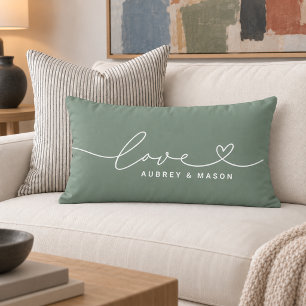 Elegant Green Love Heart Script Couple Names Lumbar Cushion