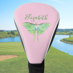 Elegant Green Luna Moth Custom Name Ladies Pink Golf Head Cover