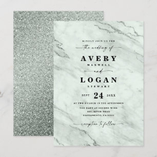 Elegant Green Marble & Glitter Wedding Invitation