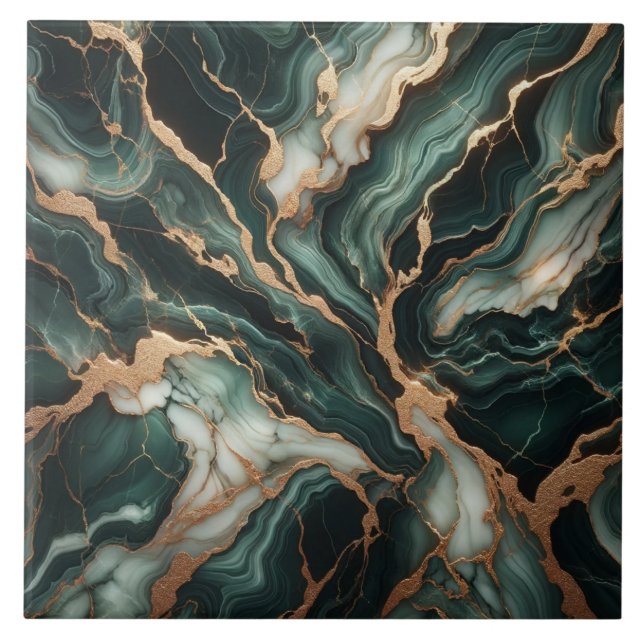 Elegant Green Marble, Gold Accents, Seamless Ceramic Tile (Front)
