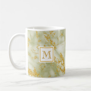 Elegant Green Marble Monogram Faux Gold Glitter Coffee Mug