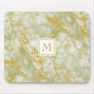 Elegant Green Marble Monogram Faux Gold Glitter Mouse Pad