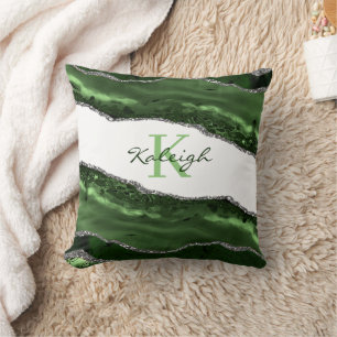 Elegant Green Marble Silver Glitter Monogram Cushion