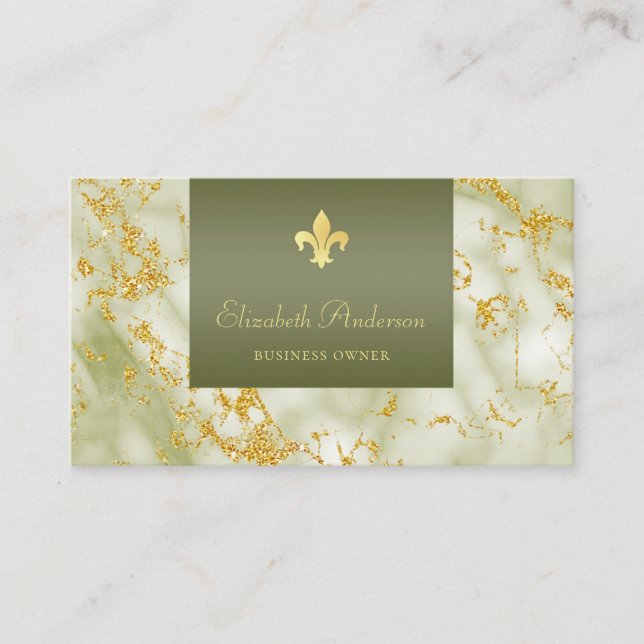 Elegant Green Marble With Gold Fleur de Lis Business Card (Front)